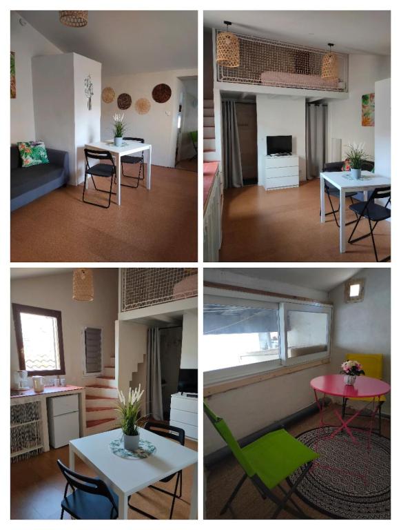 - quatre vues différentes sur un salon et un salon dans l'établissement Studio Tamaris aux pieds des Arènes, à Arles