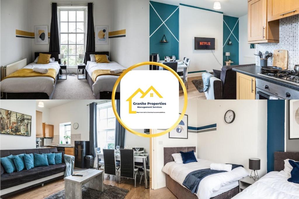 two pictures of a room with beds and a kitchen at Contemporary 2-Bedroom Apartment with 4 Beds, Free Parking, Extended Stay Savings in Birkenhead