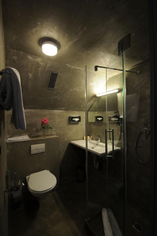 Un baño con ducha, inodoro y lavabo. en Hotel Limmatblick, en Zúrich