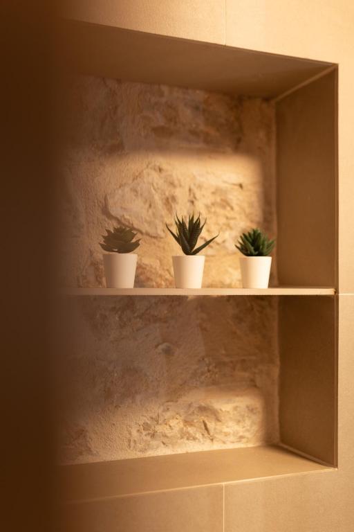 three potted plants sitting on shelves in a wall at Studio Suites Mila in Komiža