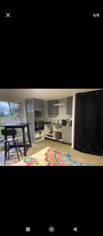 - une cuisine avec une table et une télévision dans la chambre dans l'établissement Studio à la campagne, à Cordemais