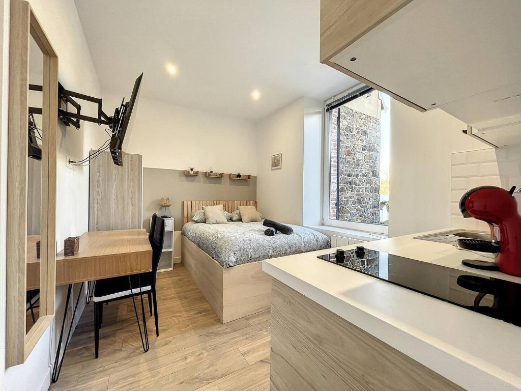 une cuisine et une chambre avec un lit dans une pièce dans l'établissement studio Le Robien - Proche Gare, à Saint-Brieuc