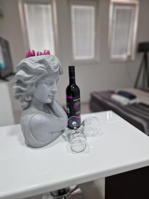 a statue of a woman holding a bottle on a table at M and M Apartment in Ohrid