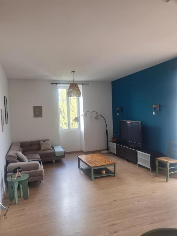 un salon avec un canapé et une télévision dans l'établissement Les Beaux Chais, à Beaucaire