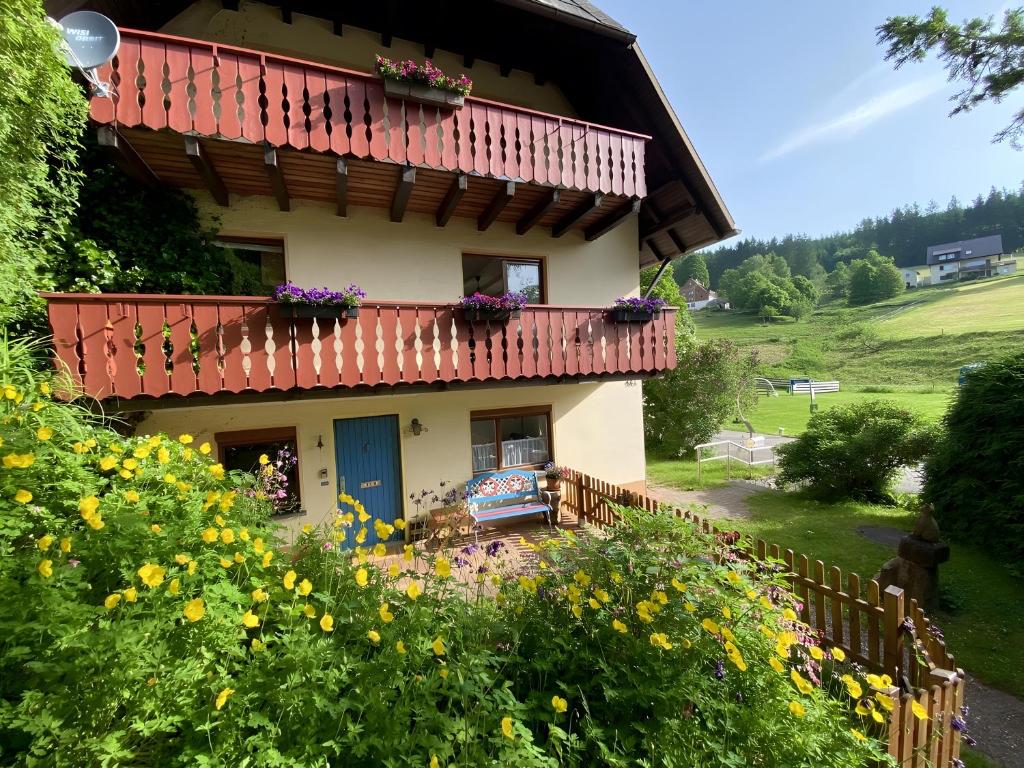 a house with a blue door and flowers at Ferienhaus Robin in Titisee-Neustadt