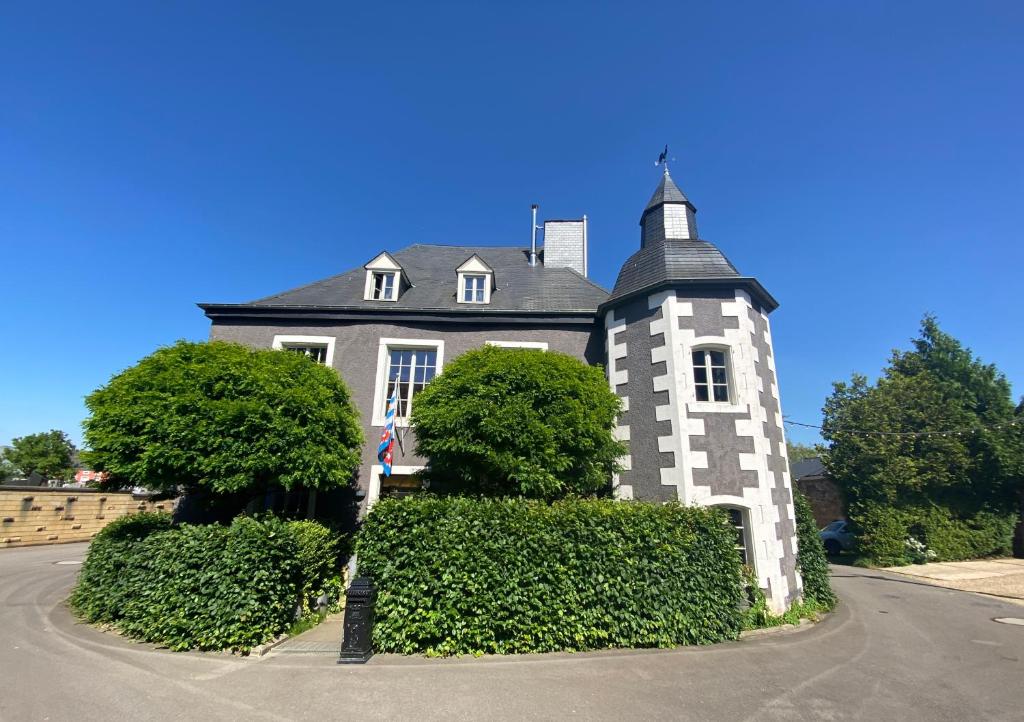 ein großes Haus mit einem Turm auf einigen Büschen in der Unterkunft The Castle Loft - Pascal's Angels in Clemency