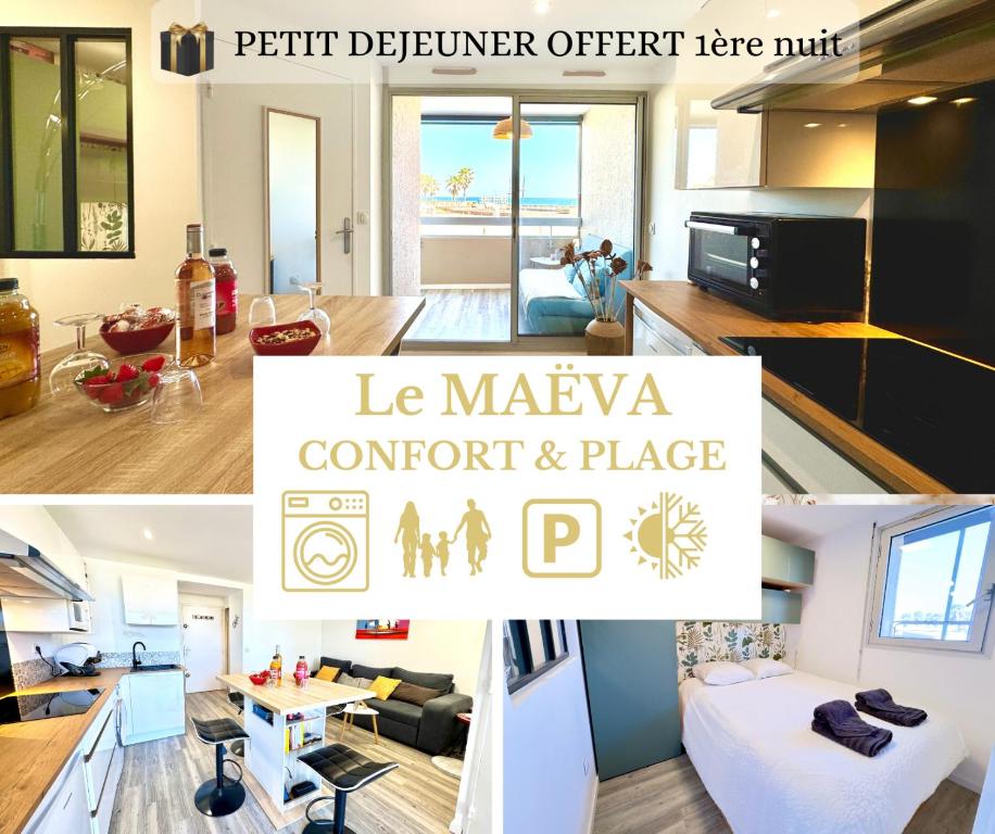 un collage de photos d'une cuisine et d'un salon dans l'établissement Le Maëva - T2- Front de mer- Clim - Parking - Wifi- SudSéjourConciergerie, à Canet