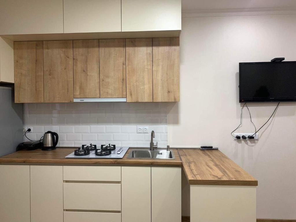 Kuchyň nebo kuchyňský kout v ubytování T&T Cozy Apartment Rustavi