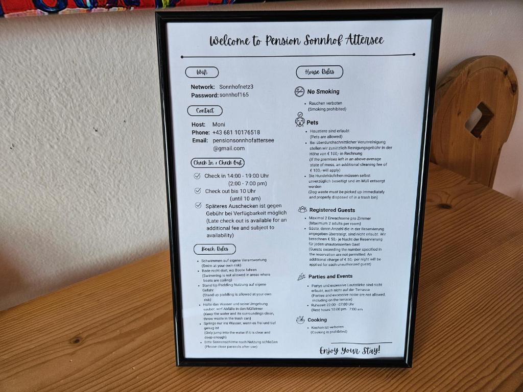 Certifikát, hodnocení, plakát nebo jiný dokument vystavený v ubytování Pension Sonnhof Attersee