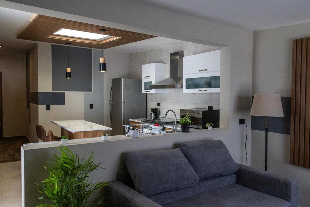 アグアスカリエンテスにあるDepartamento cómodo, moderno y funcional excelente ubicaciónのソファとキッチンのあるリビングルーム