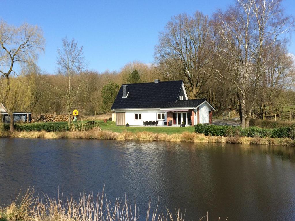 una casa blanca con techo negro junto a un río en Wacken Ferienhaus, en Wacken