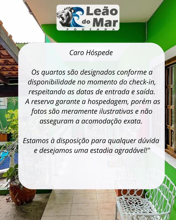 Certifikát, hodnocení, plakát nebo jiný dokument vystavený v ubytování Pousada Leão do Mar