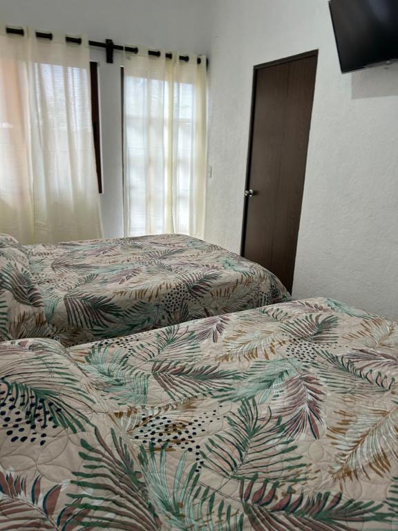 two beds in a bedroom with a bedspread with palm leaves at casa regina in Tepoztlán