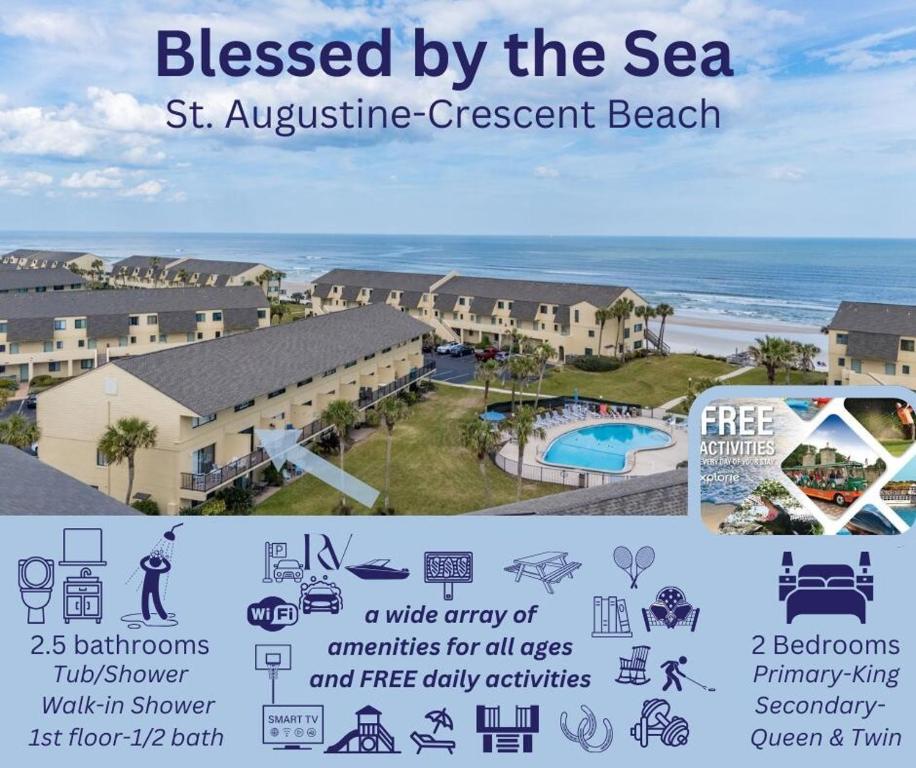 un collage de fotos de un complejo con el texto bendecido por el mar en Blessed by the Sea - Crescent Beach - Free Daily Activities home, en Crescent Beach