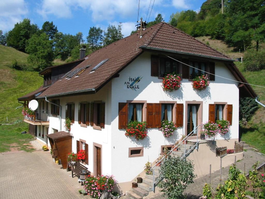 a white house with flower boxes on the windows at Haus am Eckle in Kleines Wiesental