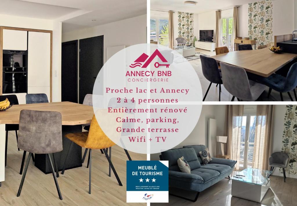 a collage of photos of a dining room and a living room at L'HARMONIE, Appartement 2 chambres proche du lac, calme et lumineux in Annecy