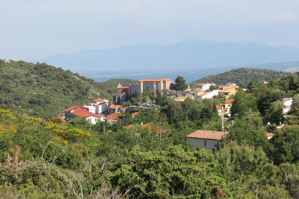 un village sur une colline avec des arbres et des bâtiments dans l'établissement BELESTAGITE7 Pays Catalan 66, à Bélesta