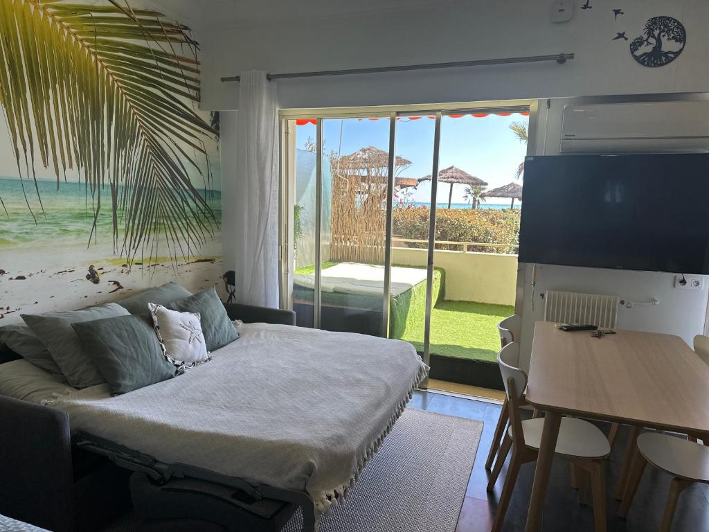 Televízia a/alebo spoločenská miestnosť v ubytovaní Studio Front de Mer à 10mètres de la plage