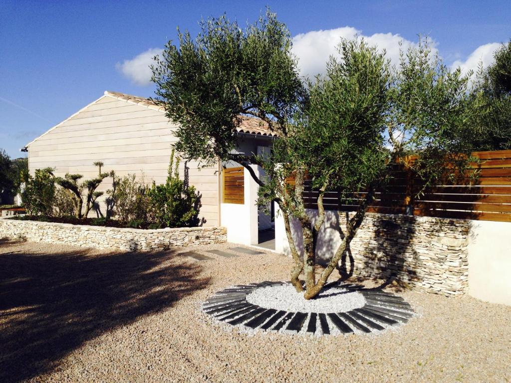 un arbre au milieu d'une allée de gravier dans l'établissement Mini-villa 1, à Bonifacio