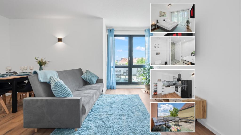 a living room with a couch and a table at Nexstay LUX Wohnung mit Dachterrasse und Parkplatz in Neumarkt in der Oberpfalz