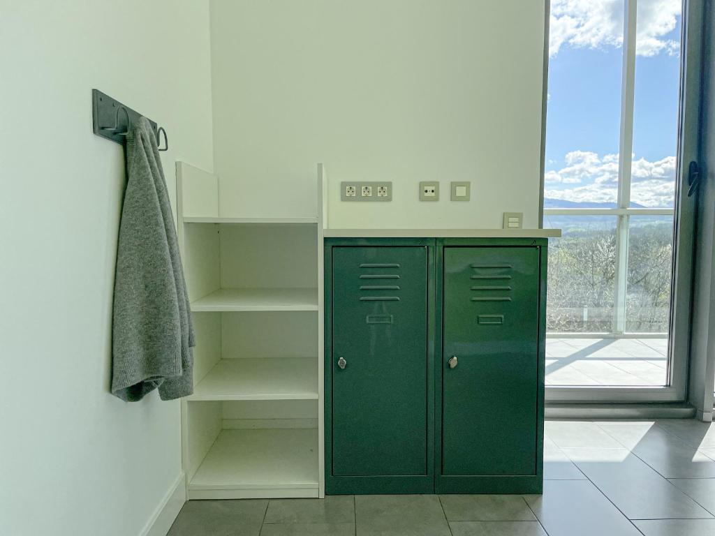 un armario verde en un baño con ventana en UBA Hostel, en San Sebastián