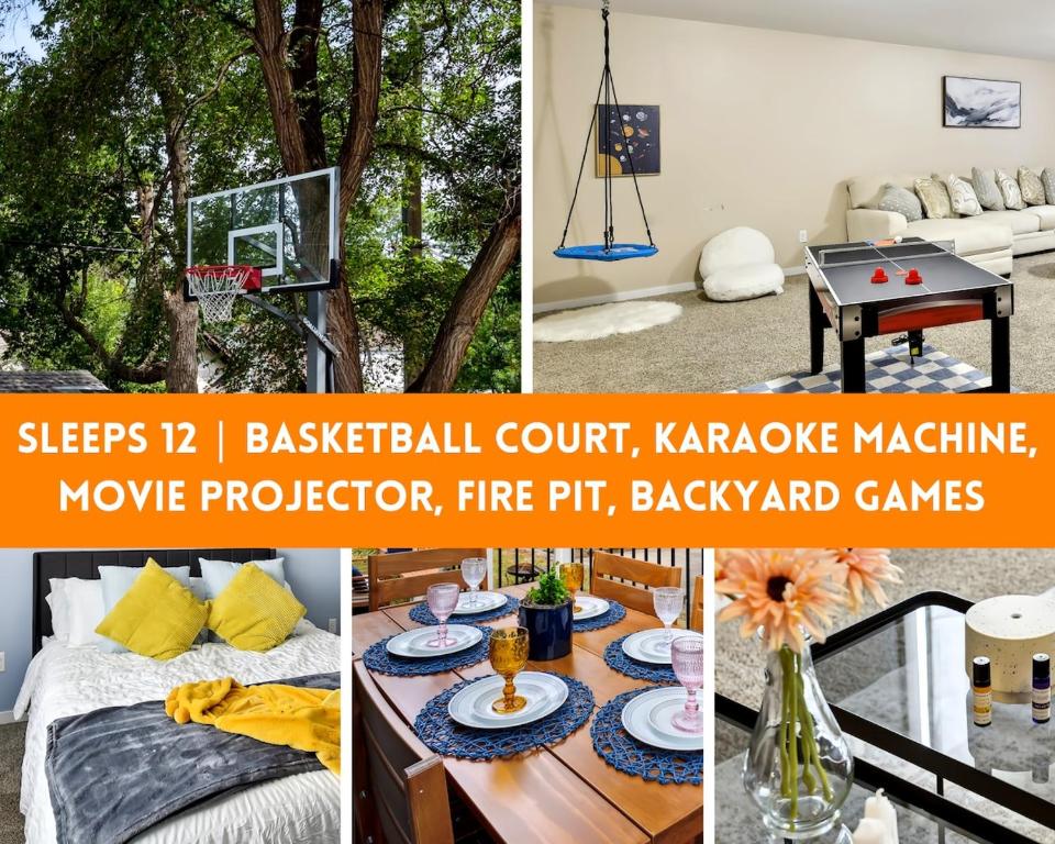 a collage of pictures of a house with a basketball court karaoke at Basketball Court, Pickleball, Karaoke, 6 Beds in Minneapolis