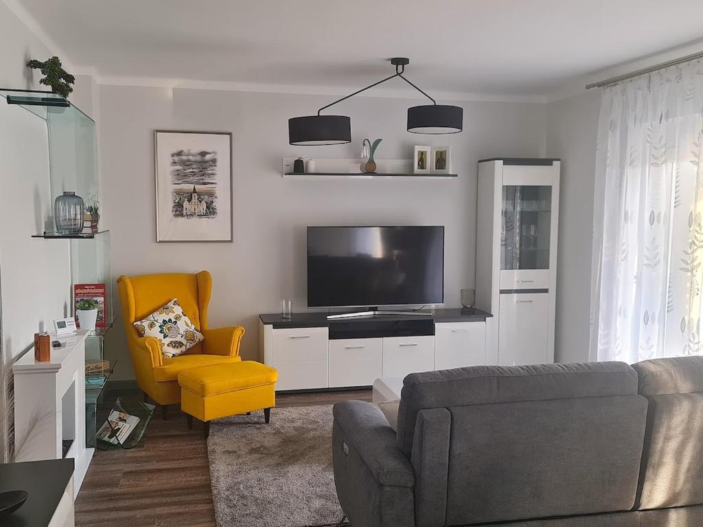 a living room with a couch and a television at Hóvirág Apartman in Hódmezővásárhely