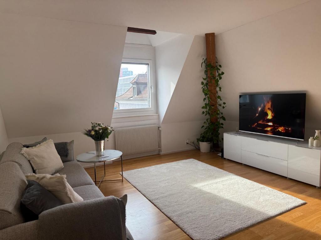 a living room with a couch and a fireplace at Haus Zum Park - The apartment in Baden