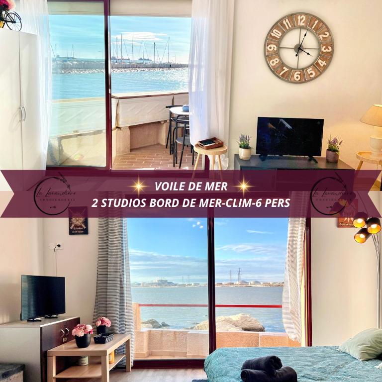 Cette chambre dispose d'une horloge et offre une vue sur l'océan. dans l'établissement Voile de Mer - 2 Studios Bord de Mer, 2 SDB, CLIM, 5 personnes, à Fos-sur-Mer
