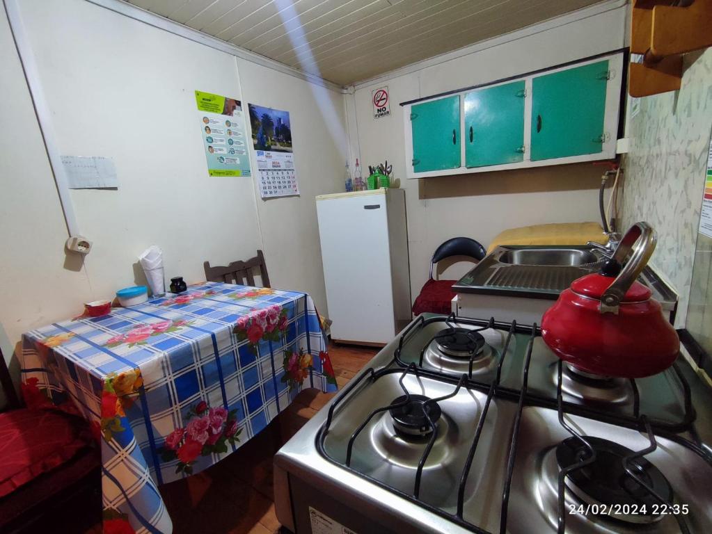 a kitchen with a stove with a tea kettle on it at Hospedaje Pensión Ely Cabaña 2 habitaciones 5 personas in Temuco