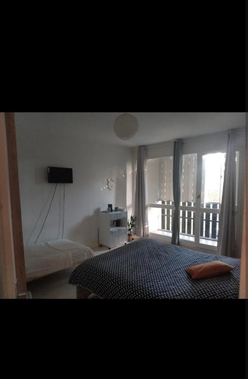 une chambre avec un lit et une grande fenêtre dans l'établissement Le petit cocon, à Grenoble