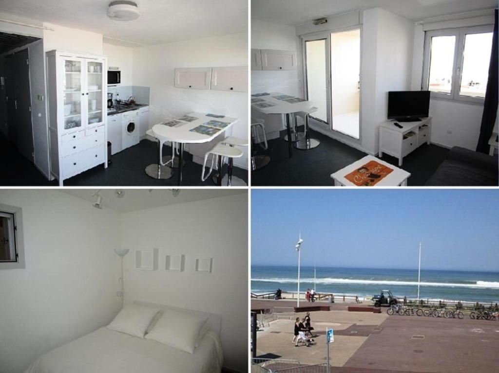 un collage de quatre photos d'une pièce avec la plage dans l'établissement Résidence Ortal - Charmant appartement 4 personnes front de mer à Lacanau Océan MAE-0341, à Lacanau