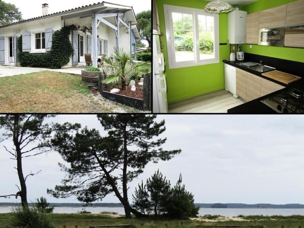 deux photos d'une cuisine et d'une maison dans l'établissement Résidence 02332-lacanau - Maison indépendante 6 personnes, lac de Lacanau MAE-1061, à Lacanau