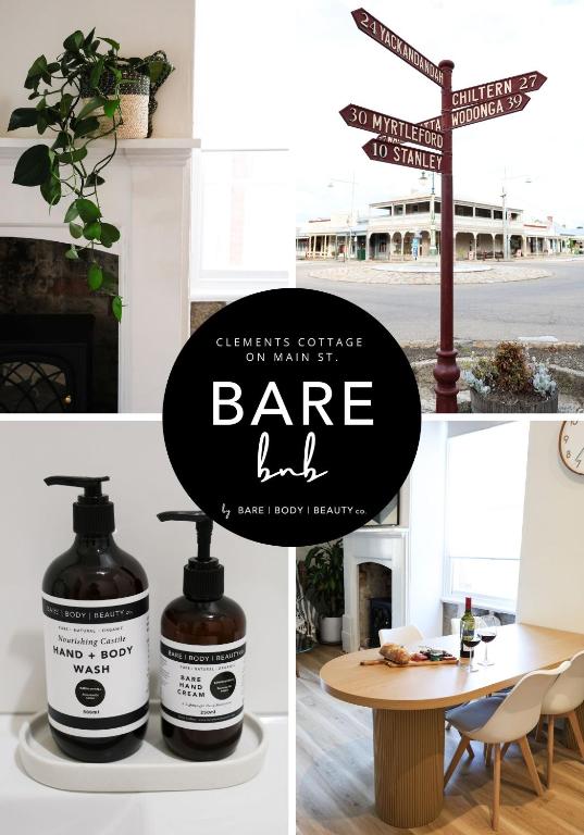 a sign for a barber shop with two bottles of barber hair products at Clements Cottage on Main St. Bare bnb by Bare Body Beauty co. in Beechworth
