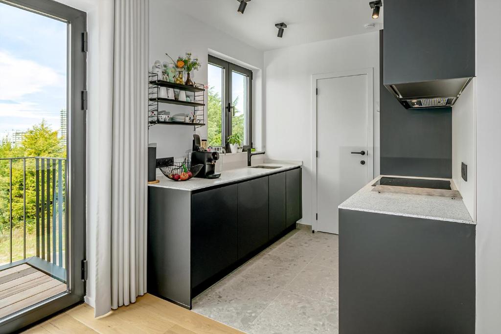 东代恩凯尔克Kenydou 0101G的厨房设有黑白柜台和窗户。