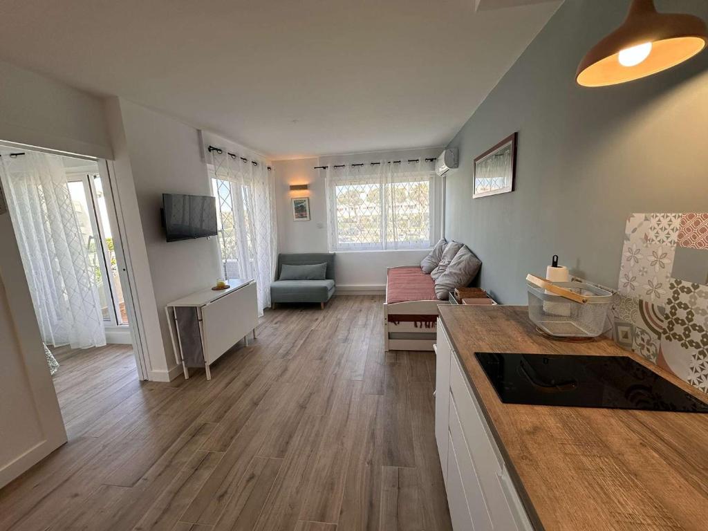 Il comprend une cuisine et un salon avec du parquet. dans l'établissement Bel appartement climatisé 2 pièces 4 personnes proche plage au Grau-du-Roi - FR-1-731-134, au Grau-du-Roi