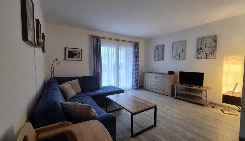un salon avec un canapé bleu et une télévision dans l'établissement Ferienhaus Nr 91, Kategorie Komfort, Feriendorf Hochbergle, Allgäu, à Karlsebene