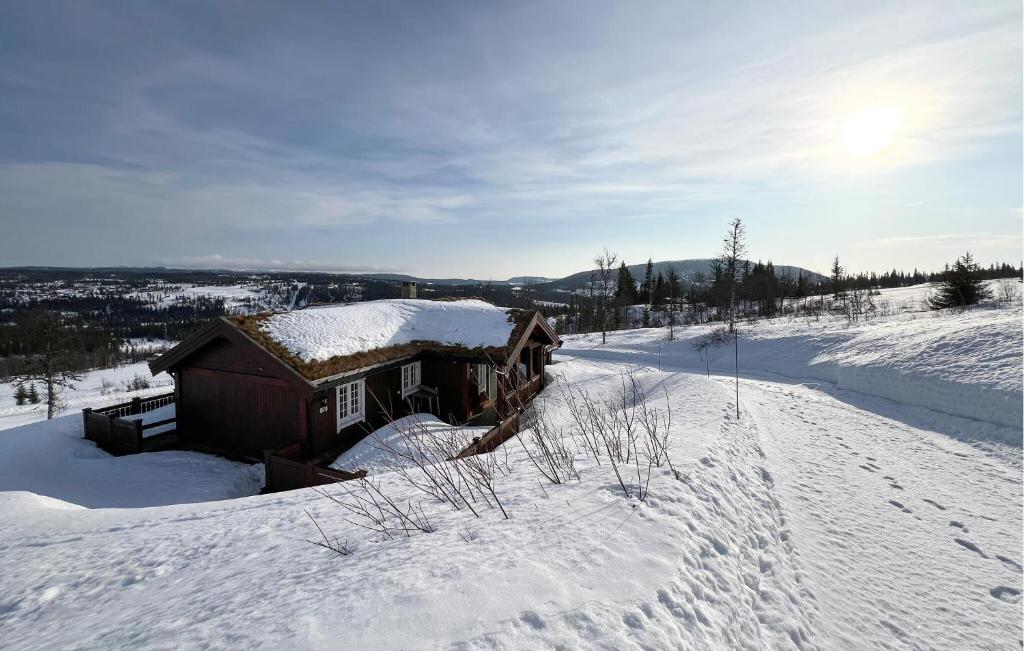 a log cabin in the snow on a hill at Nice Home In Nord-Torpa With Sauna in Nord Torpa