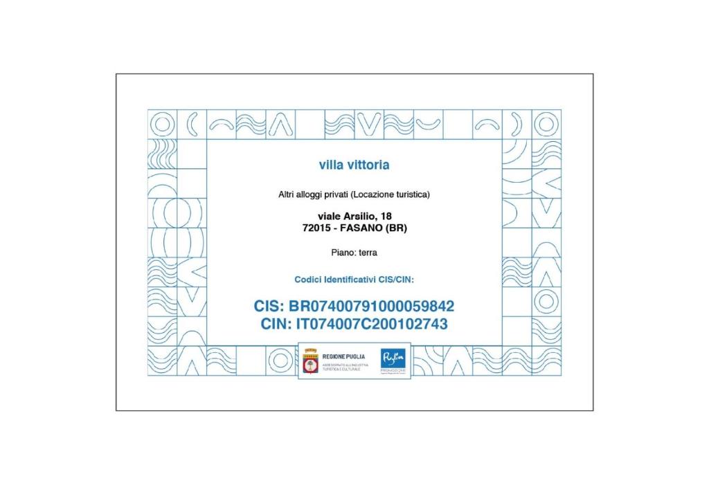 Certifikát, hodnocení, plakát nebo jiný dokument vystavený v ubytování Villa Vittoria B&B