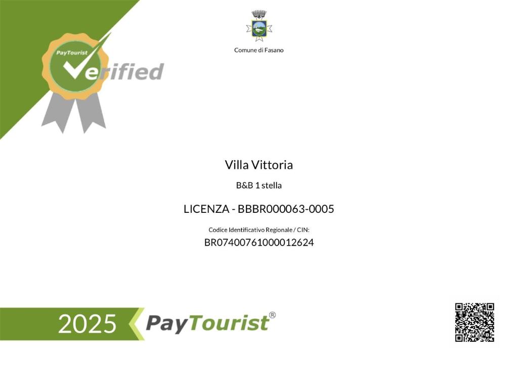 Certifikát, hodnocení, plakát nebo jiný dokument vystavený v ubytování Villa Vittoria B&B