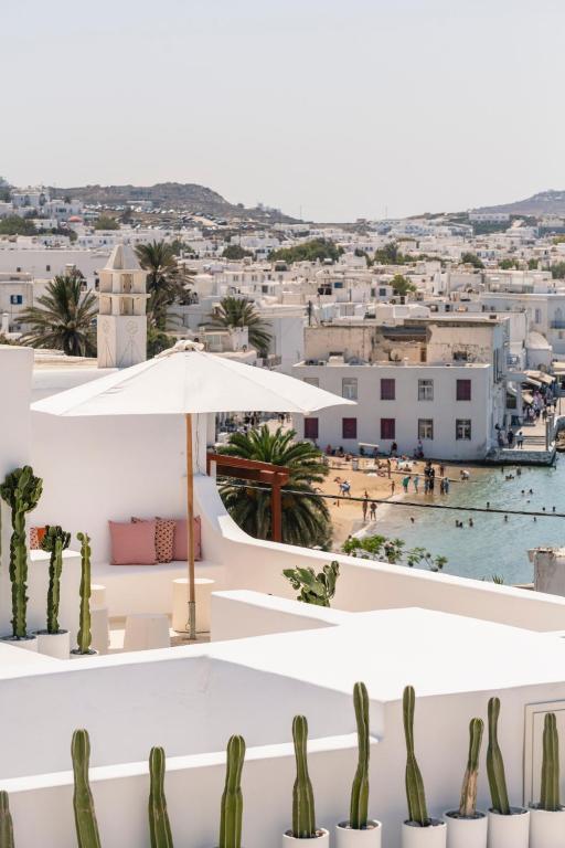 a view from the balcony of a hotel with cactus at Simple House Mykonos Sunset in Mikonos