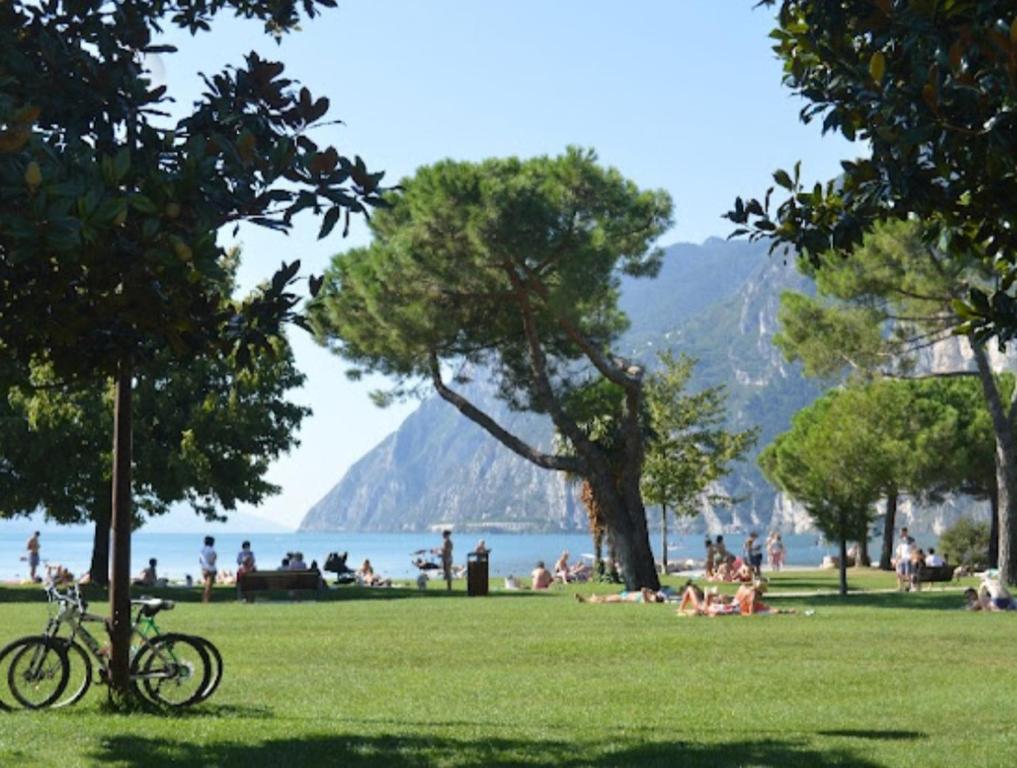 a bike parked in a park with people laying on the grass at L Ora del Garda in Riva del Garda