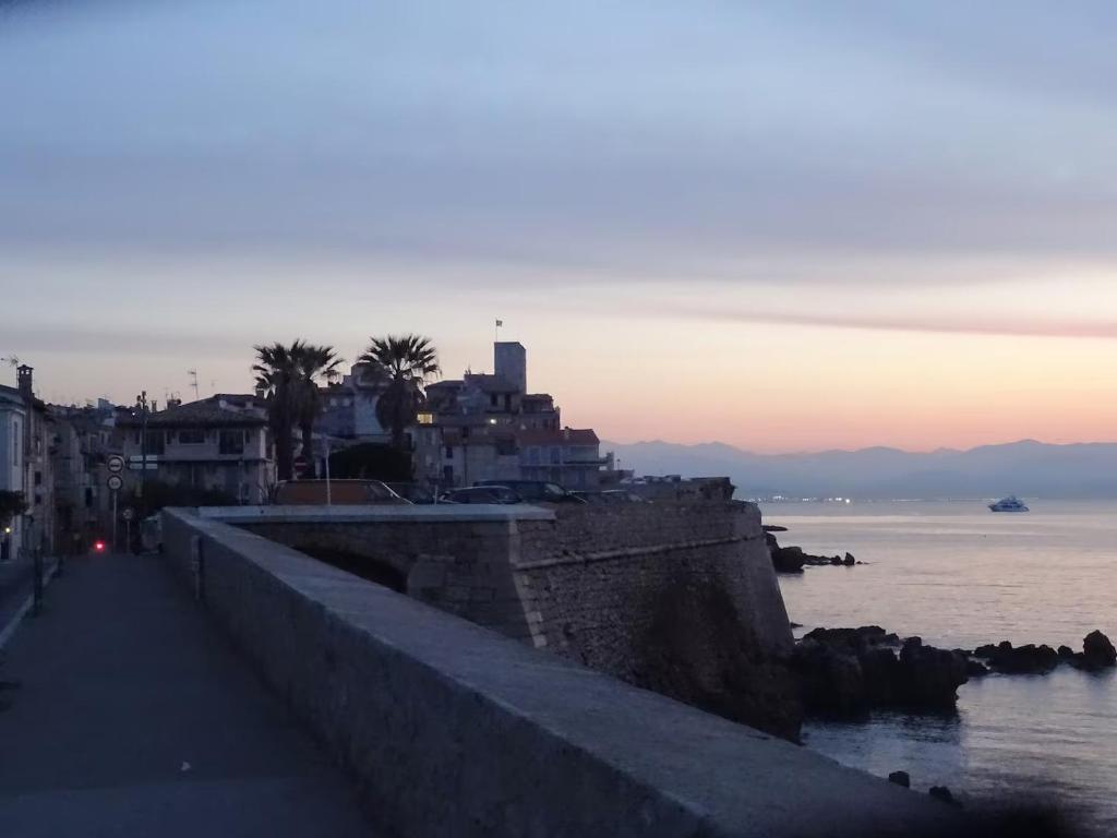 une passerelle à côté de l'océan avec des bâtiments et des palmiers dans l'établissement First floor apartment fully renovated, à Antibes