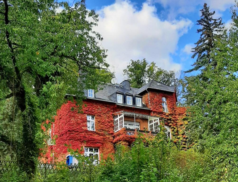 a red brick building with a black roof at Die Malche Gäste und Tagungshaus Villa App 13 in Alaunwerk