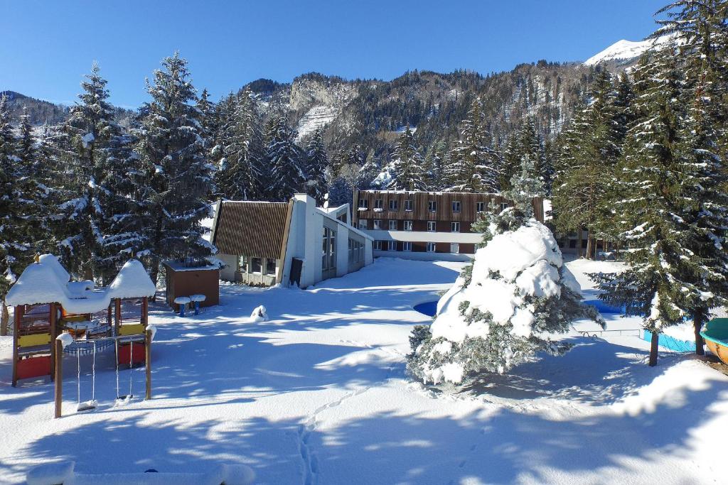 a snow covered yard with a building and trees at Hotel Grüsch in Grüsch
