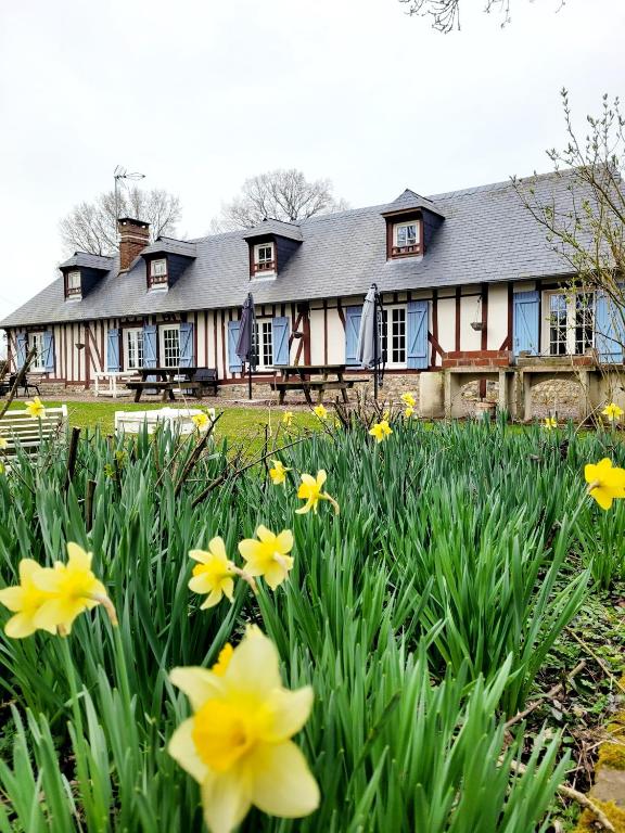 une maison avec des fleurs jaunes devant elle dans l'établissement Gîte des Etourniaux, à La Poterie-Mathieu