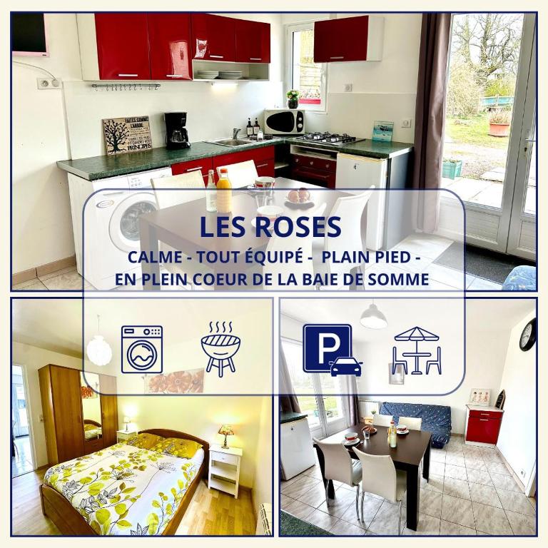 un collage de photos d'une cuisine et d'une maison dans l'établissement Gîte Les Roses - Plain-pied - Calme - WIFI Gratuit, à Noyelles-sur-Mer