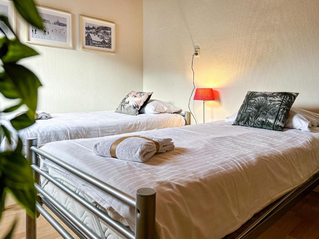 zwei Betten nebeneinander in einem Zimmer in der Unterkunft Silbach Panorama Lodge in Winterberg