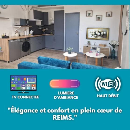 une photo d'une cuisine et d'un salon dans l'établissement L'Elitys with Parking - Reims-Hypercentre, à Reims