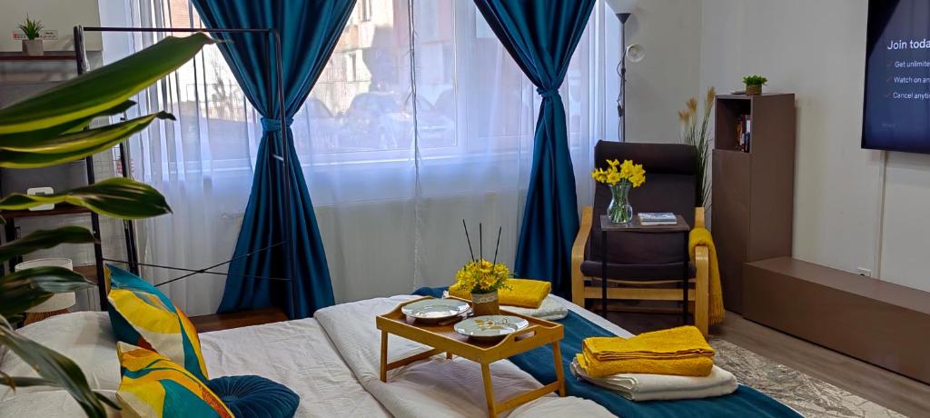 a living room with a couch and a table at Blue Shades Studio in Hunedoara